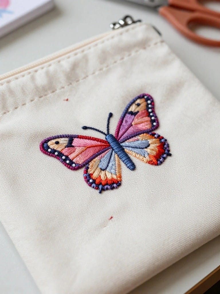 White zippered canvas pouch with a detailed embroidered butterfly in pink, purple, blue, and orange on the front.