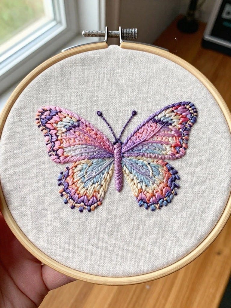 A hand holds a wooden embroidery hoop framing a detailed butterfly embroidered in purple, pink, and blue on white fabric.