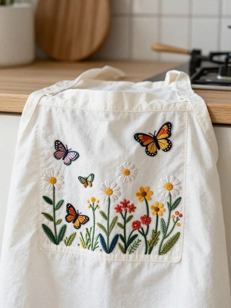 White half apron with embroidered pocket showing butterflies flying over wildflowers, hanging on a kitchen counter.