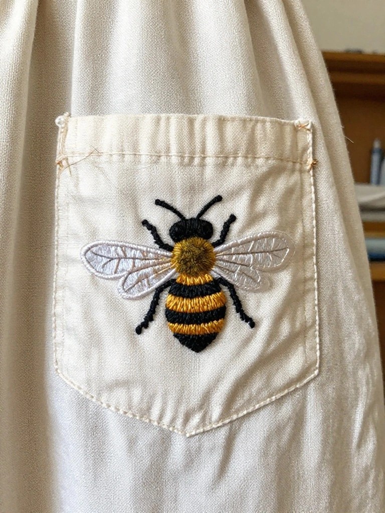 Cream fabric pocket on a dress with a detailed embroidered bee in black, yellow, and white threads.