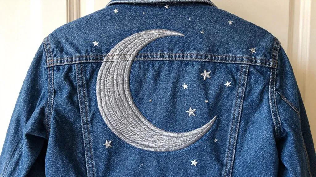 Back of a light-wash denim jacket with a large silver sequined crescent moon and small embroidered stars in the center.