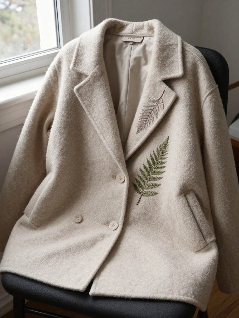 Beige wool coat draped over a black chair with green and brown fern embroidery on the lapel and chest areas.