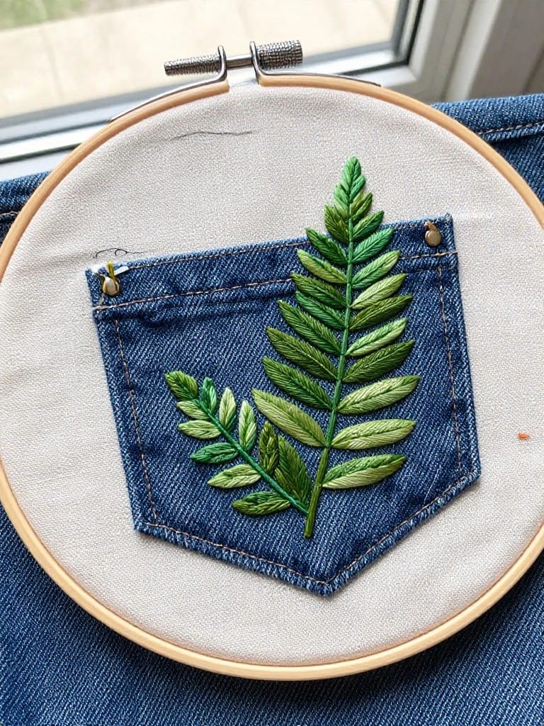 Embroidery hoop framing green fern leaves stitched onto a denim jeans pocket.