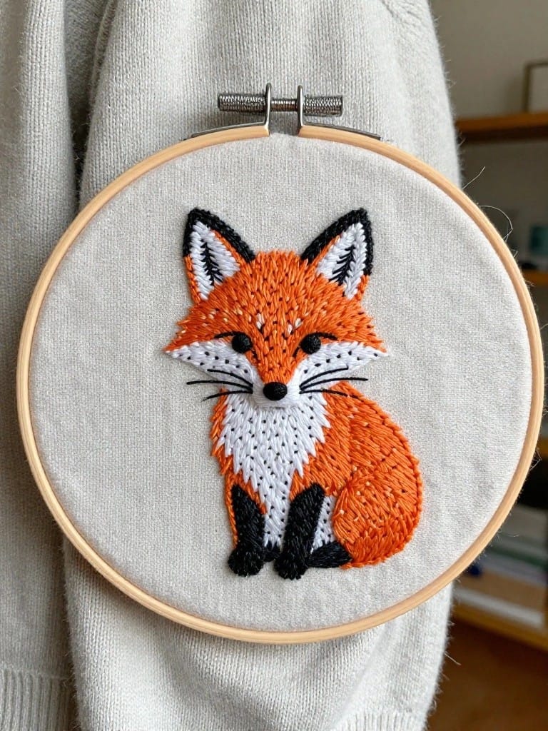 Wooden embroidery hoop with orange fox design pinned to cream sweater sleeve.
