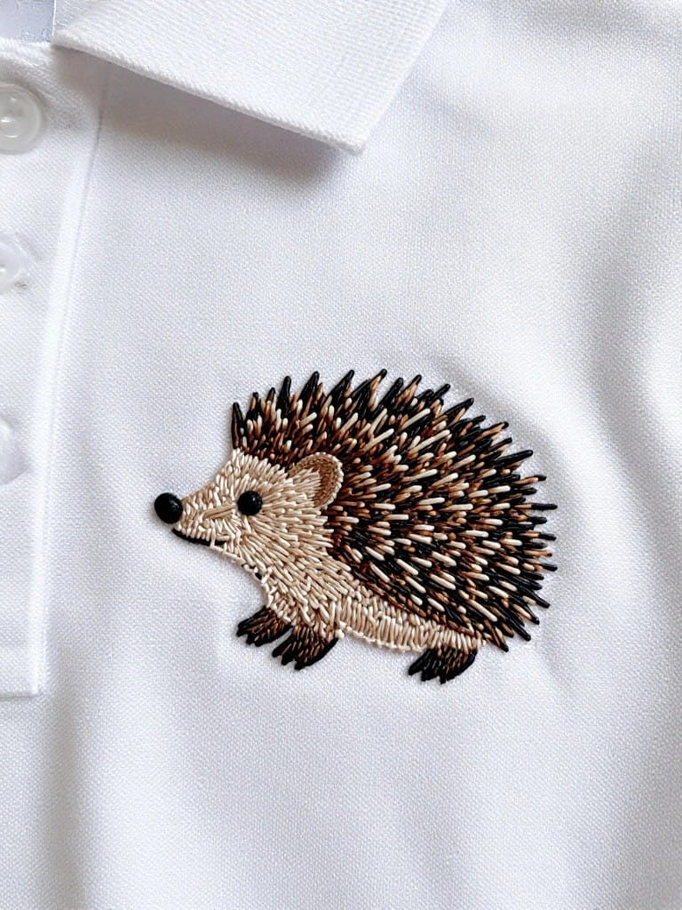 White polo shirt collar with a detailed brown and black embroidered hedgehog near the top button.