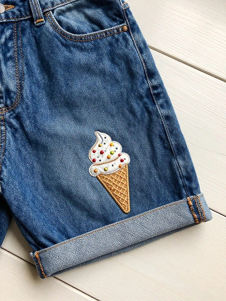 Blue denim shorts with an embroidered white ice cream cone and colorful sprinkles on the outer leg above the cuff.