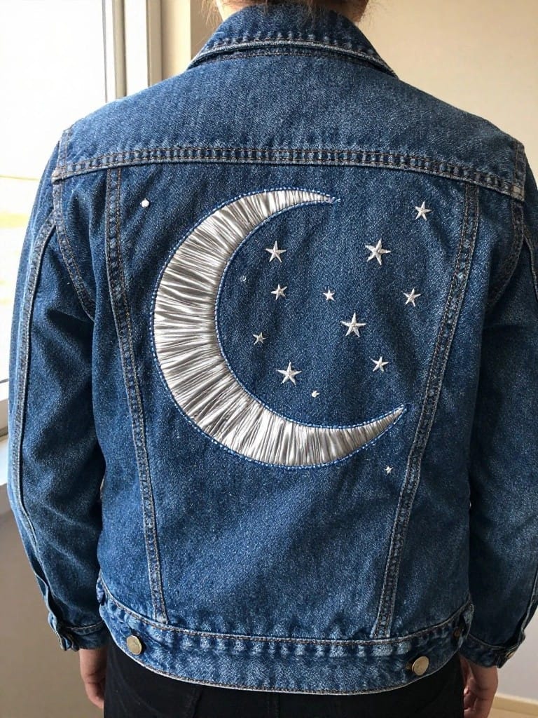 Back of a light-wash denim jacket with a large silver sequined crescent moon and small embroidered stars in the center.
