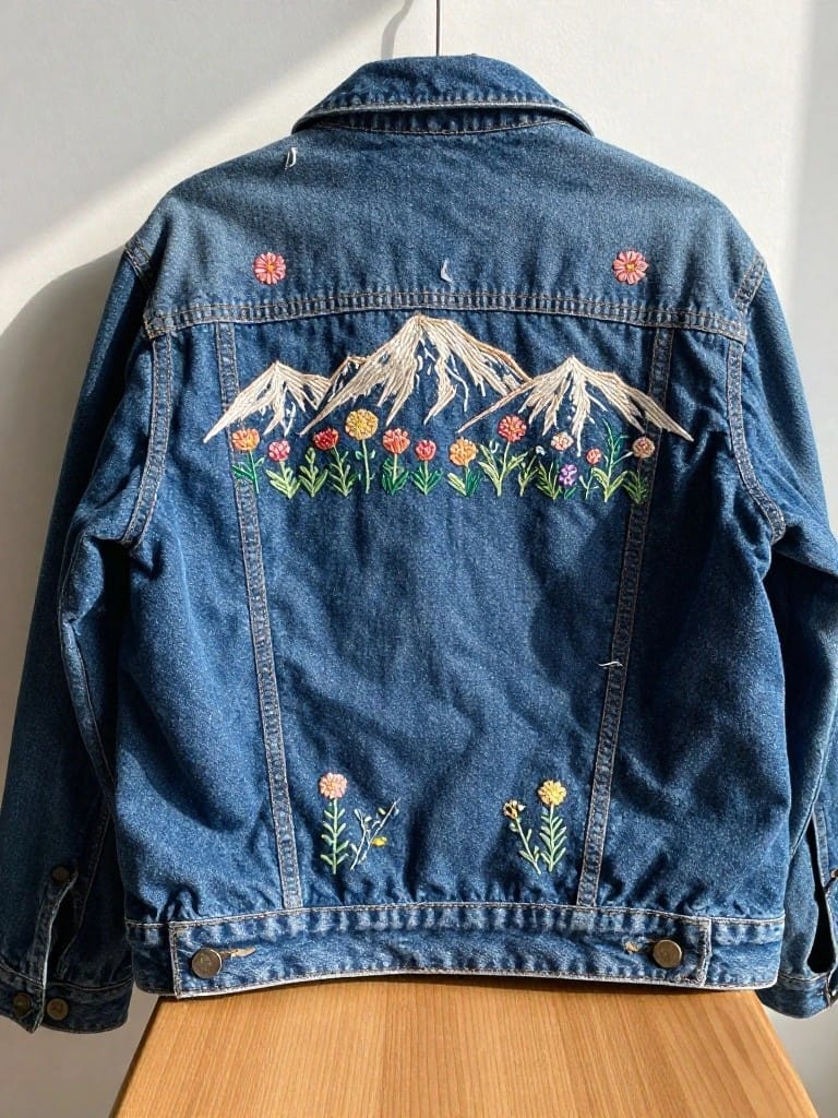Back of a small light-wash denim jacket embroidered with white thread mountains and multicolored flowers along the base and shoulders.