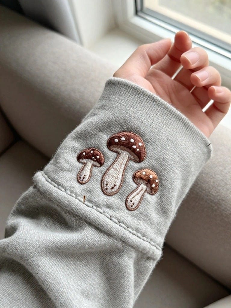 Gray hoodie sleeve cuff embroidered with three brown mushrooms each with white spots.