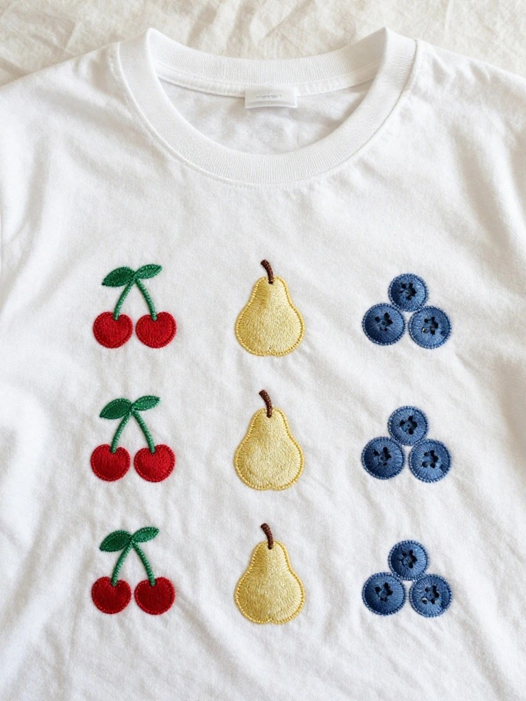 White t-shirt with three rows of embroidered red cherries, yellow pear, and blue blueberries appliqued on the front chest.