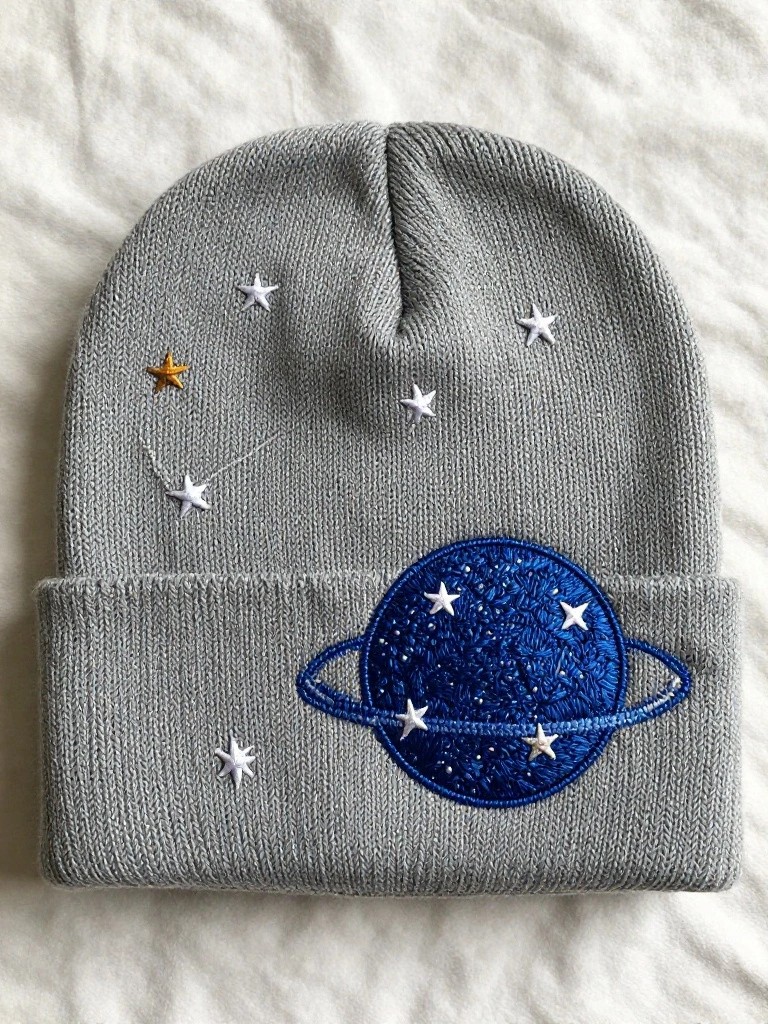 Gray knit beanie embroidered with white and gold stars surrounding a blue glittery Saturn planet with rings.