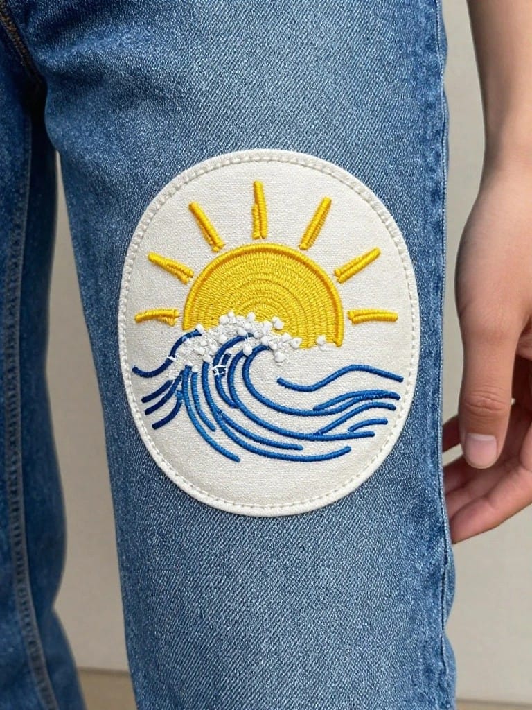 Blue denim jeans leg with a white circular embroidered patch of yellow sun over blue waves on the thigh.