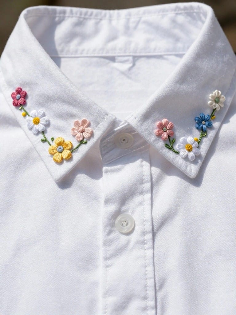 White shirt collar with small embroidered flowers in pink, yellow, white, and blue along both edges.