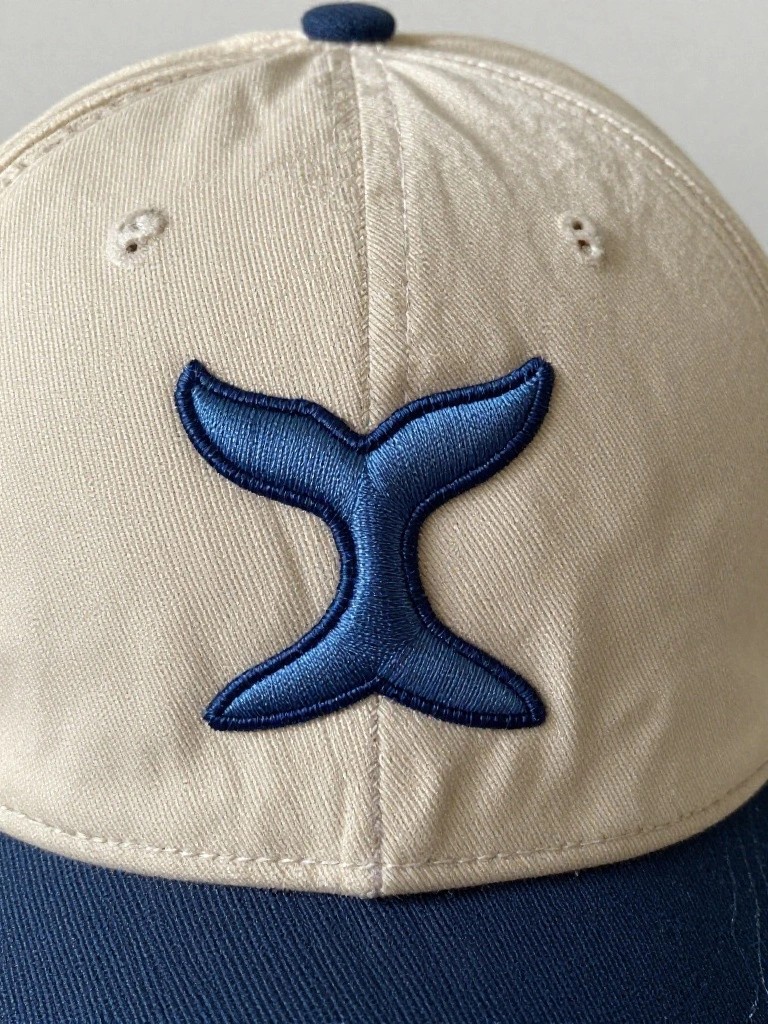 Beige baseball cap with blue embroidered whale tail on the front panel.