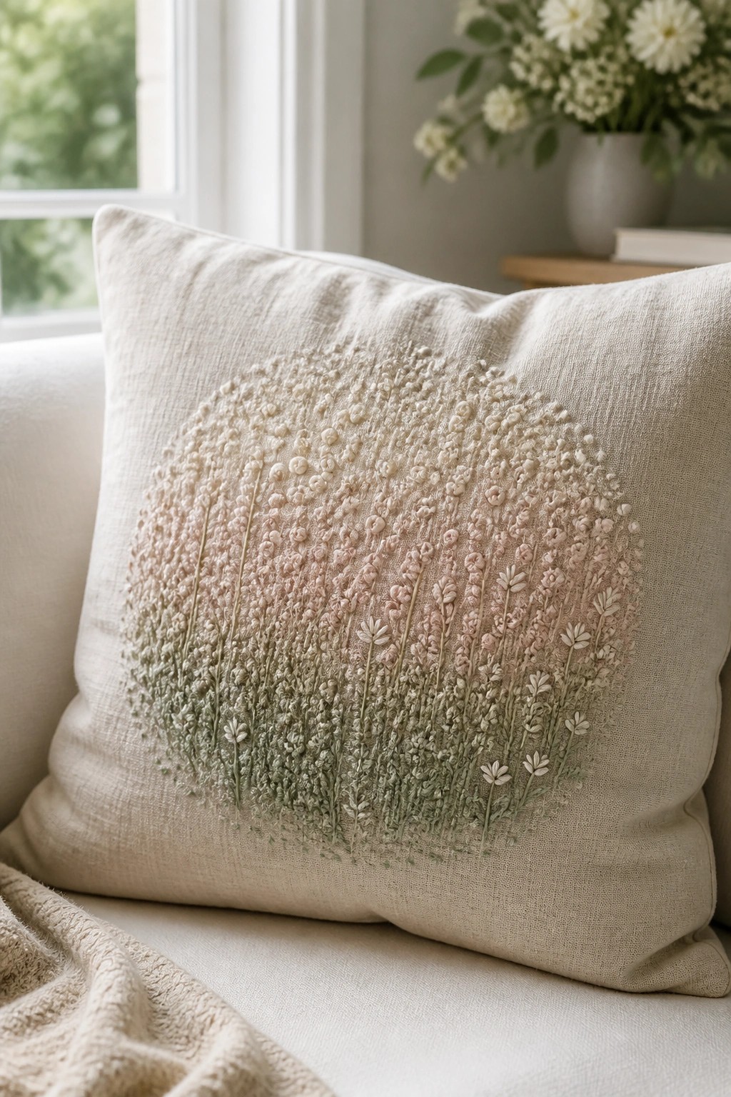 Linen pillow embroidered with a circular meadow of pastel wildflowers in green and pink.