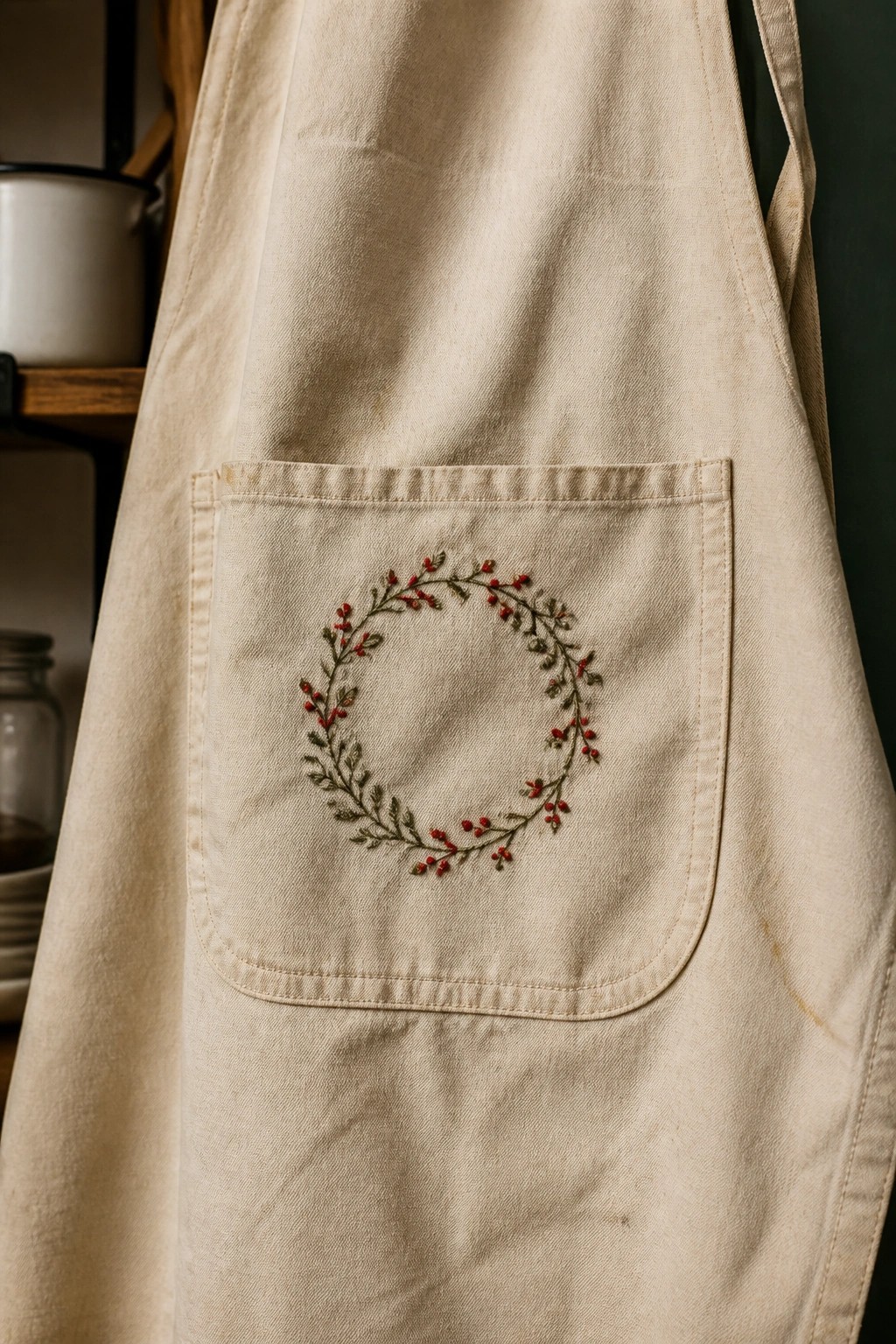 Beige apron pocket embroidered with red berry wreath and green leaves