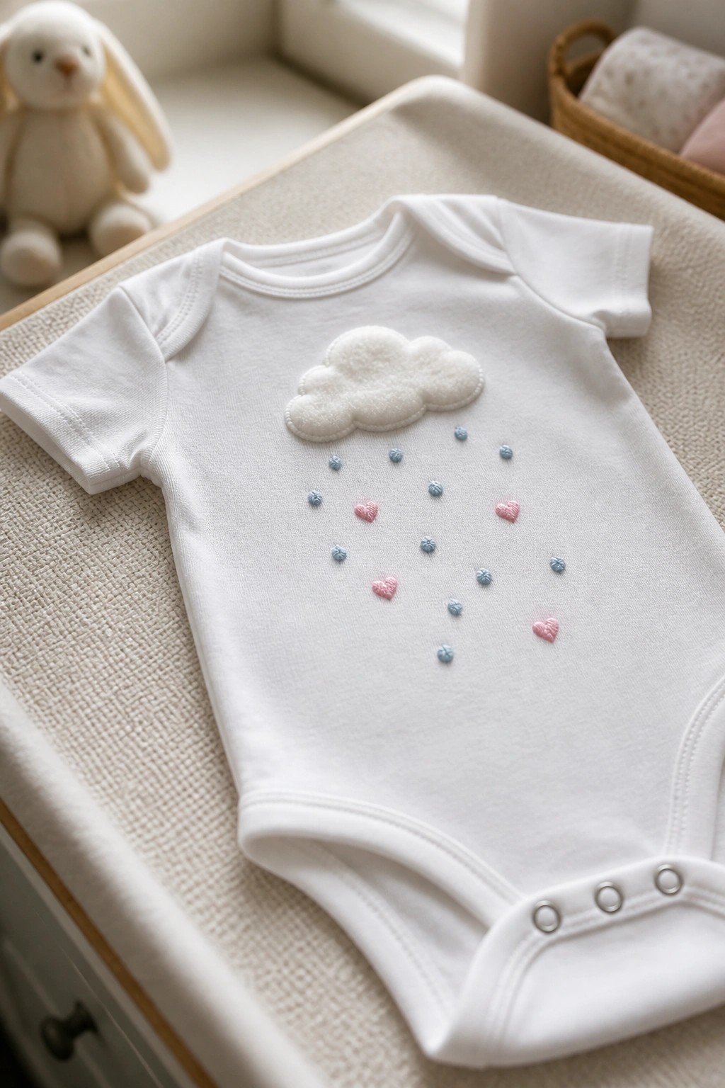A white baby onesie with a cloud applique and scattered blue and pink French knots below it.
