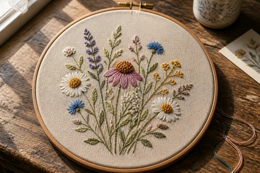 Wooden hoop with vibrant wildflower embroidery on off-white fabric over rustic table