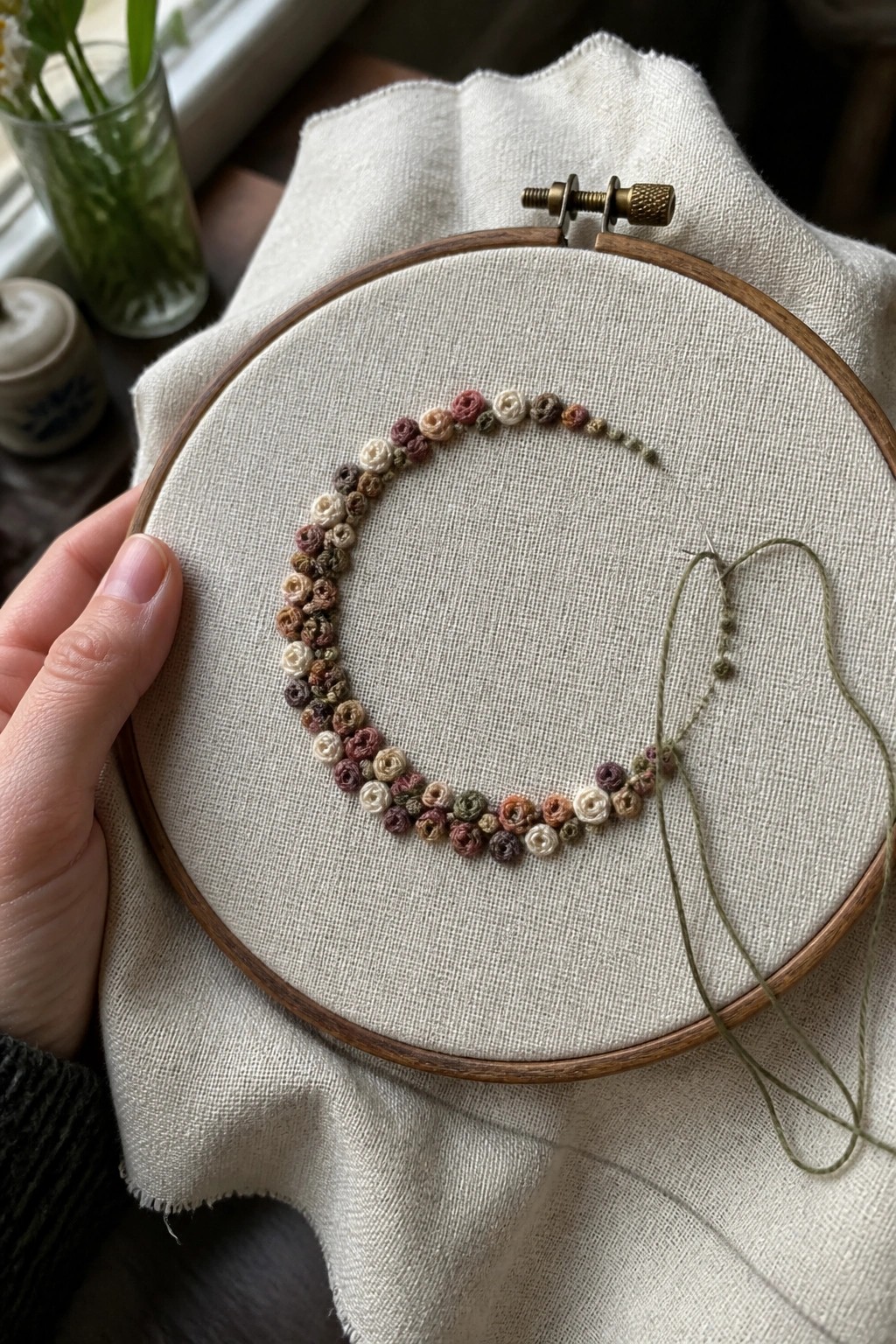 Hand holding hoop with embroidered floral crescent moon in muted tones