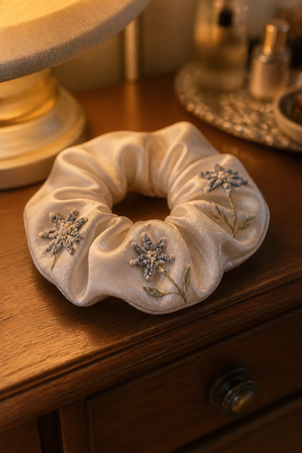 A white satin scrunchie with three blue and white embroidered flower motifs and green stems rests on a wooden surface.