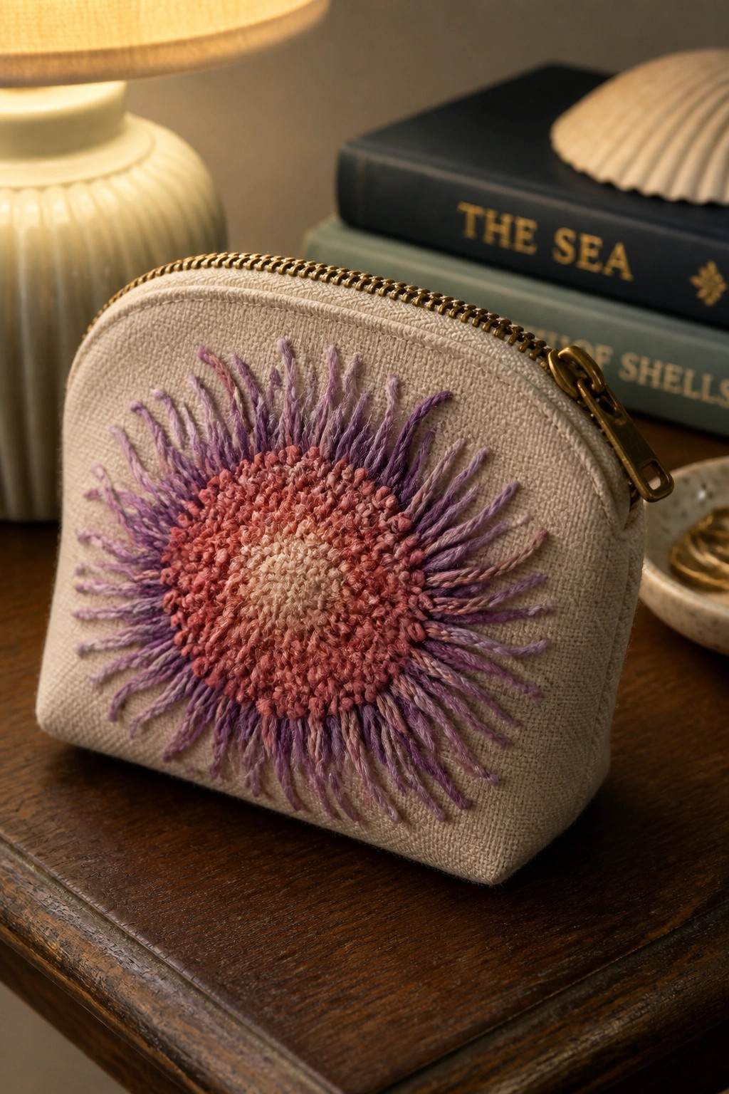 Zippered beige pouch with pink-purple radiating embroidery on wooden table
