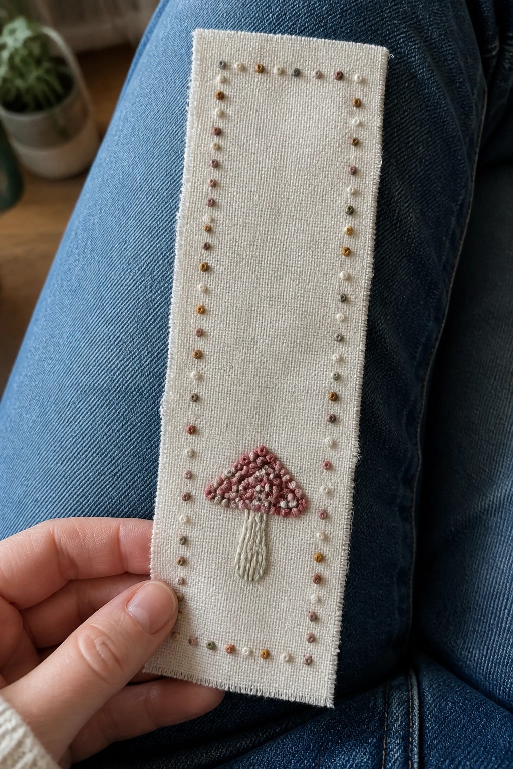 White fabric strip with a pink French knot mushroom and multicolored French knot border held over blue jeans.