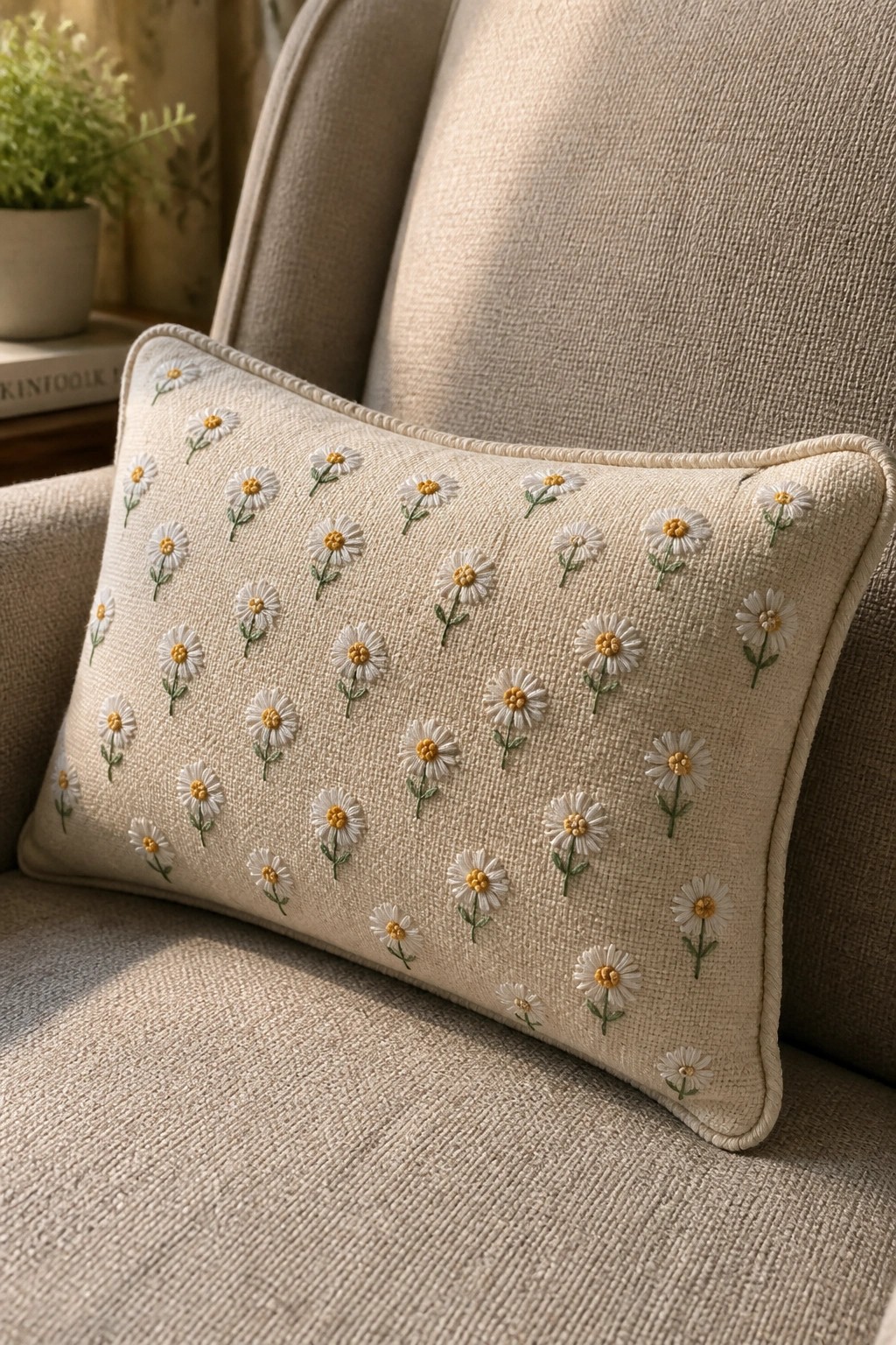 Cream pillow embroidered with white and yellow daisies on a beige chair.