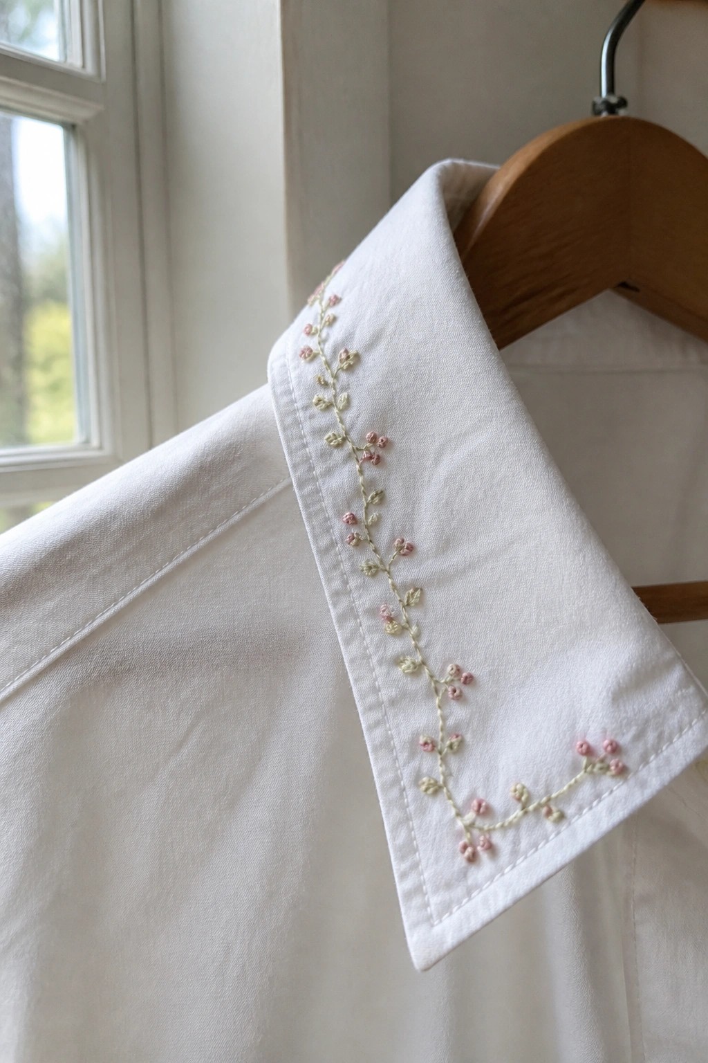White shirt collar with pink-green floral embroidery on wooden hanger by window.