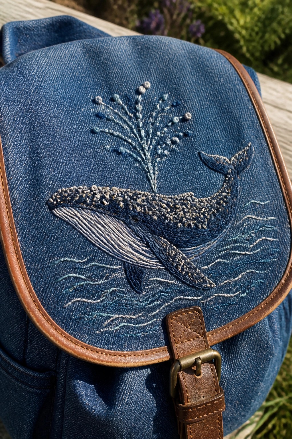 Blue denim backpack with embroidered whale, water spout, waves, and brown leather buckle.