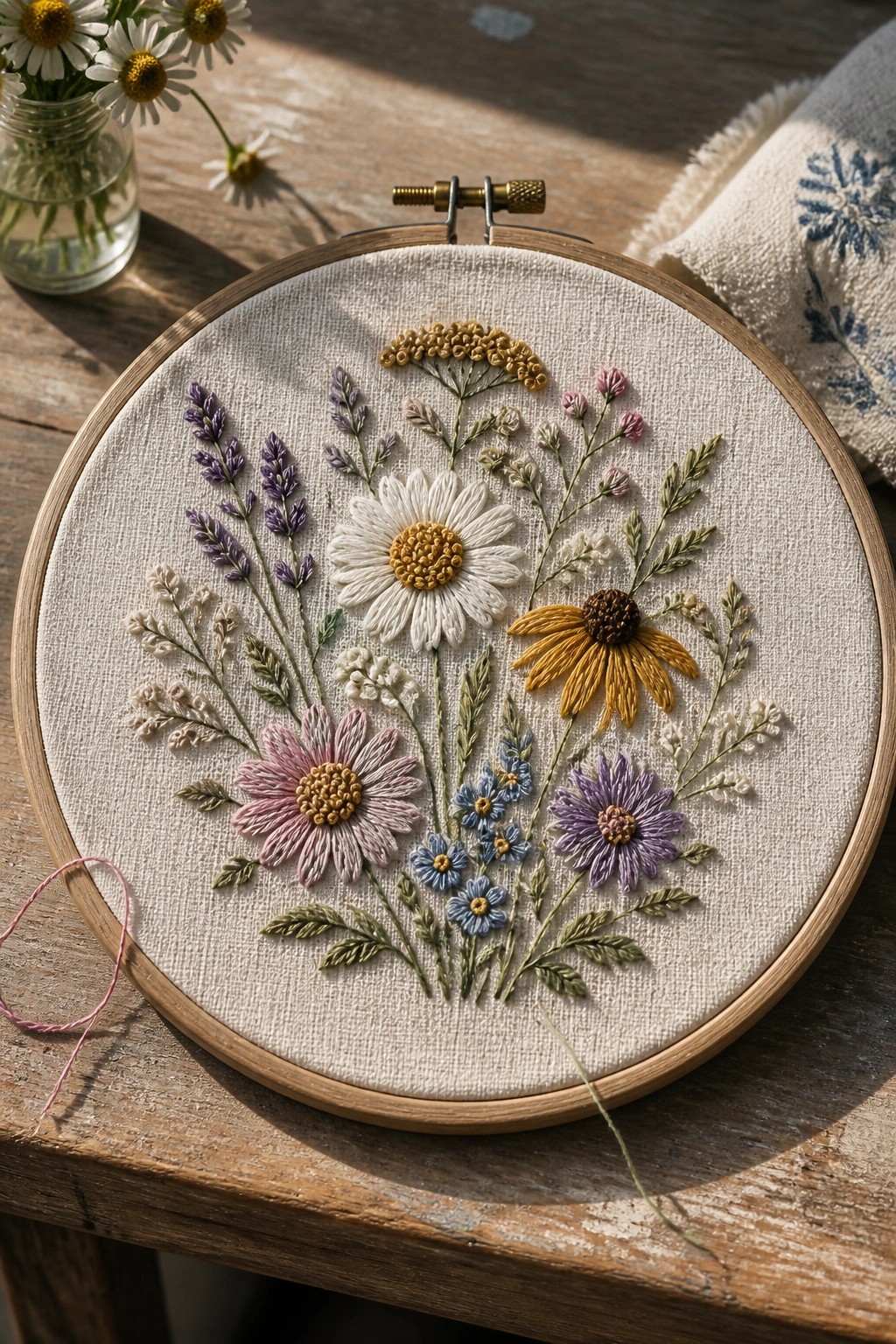 Wooden hoop with vibrant wildflower embroidery on off-white fabric over rustic table