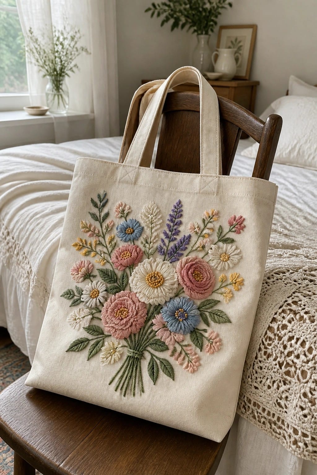 Cream tote bag with colorful floral embroidery on wooden chair in bedroom