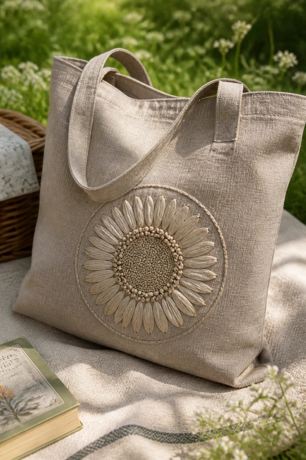 A beige linen tote bag with a circular sunflower embroidery in matching thread sitting on a blanket outdoors next to a book.
