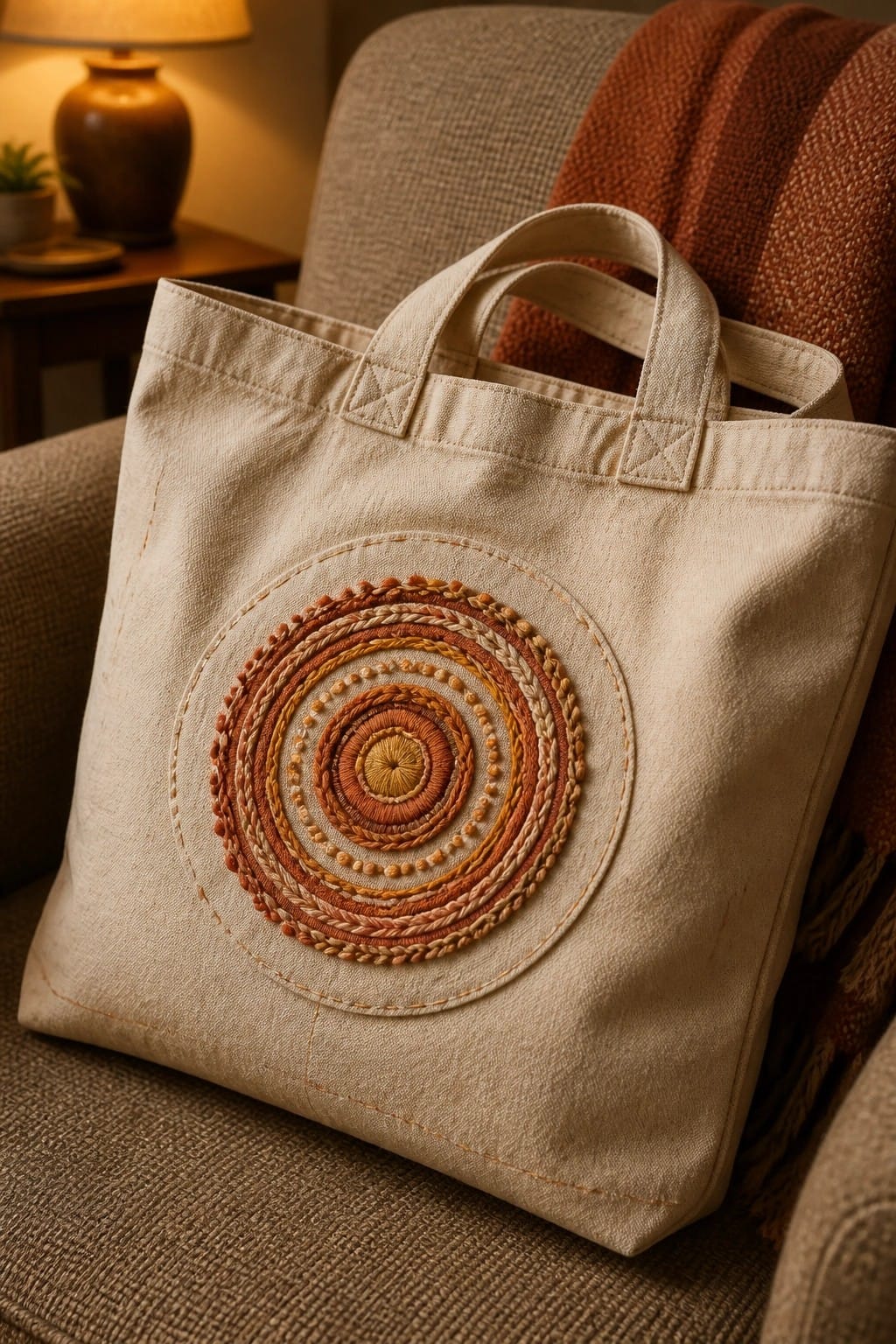 Beige canvas tote bag with embroidered concentric circles in warm orange tones on a chair
