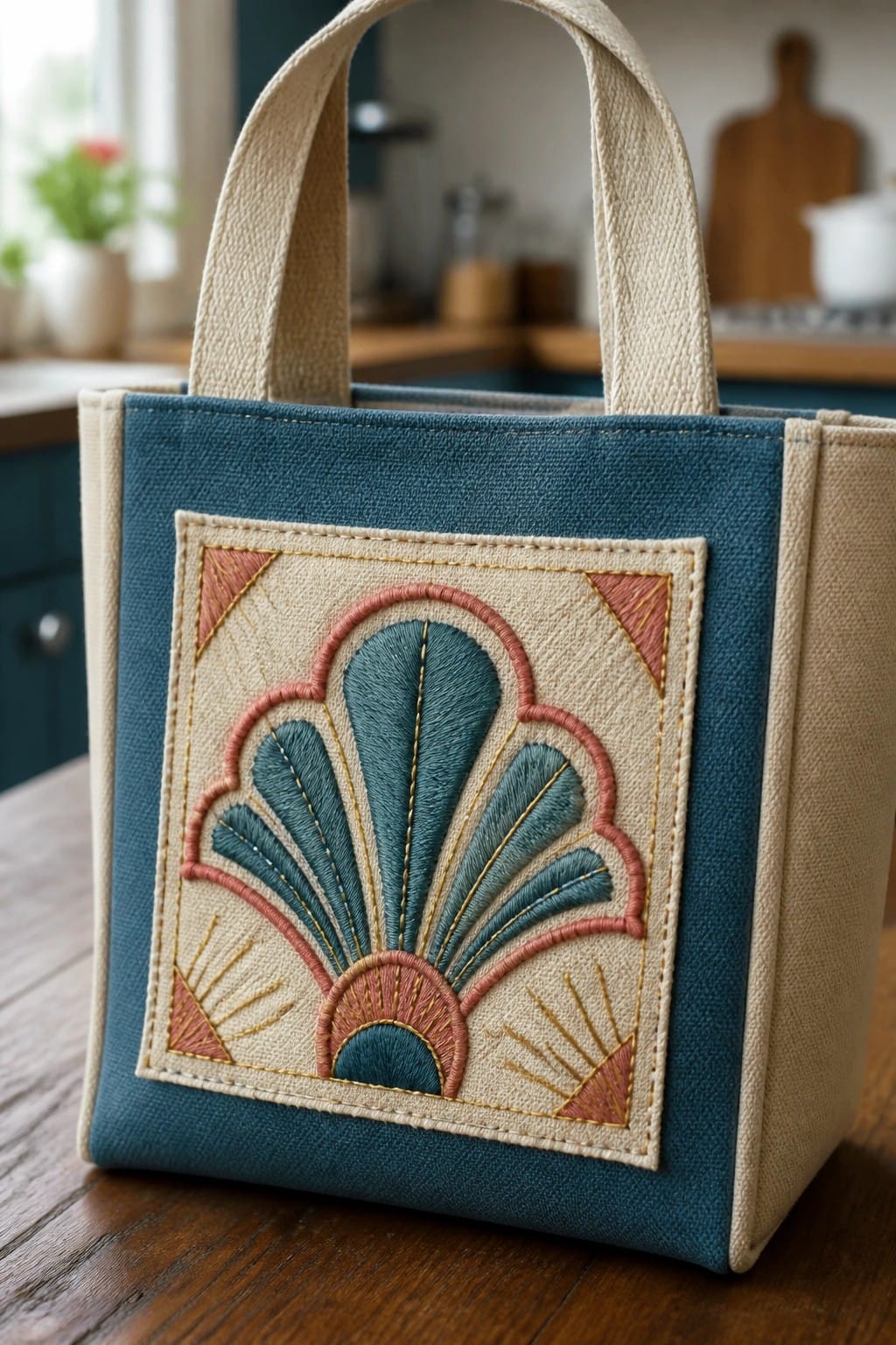 Blue canvas tote bag with embroidered teal and coral fan design on wood table