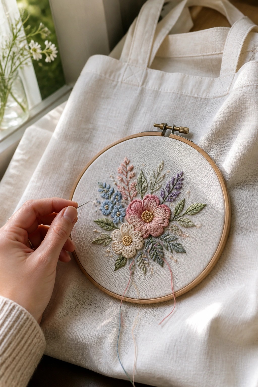 Hand stitching colorful floral embroidery in hoop on white linen tote bag