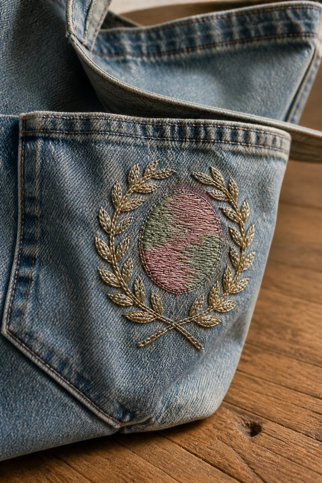 Blue denim bag with gold laurel wreath embroidery around pink-green center.