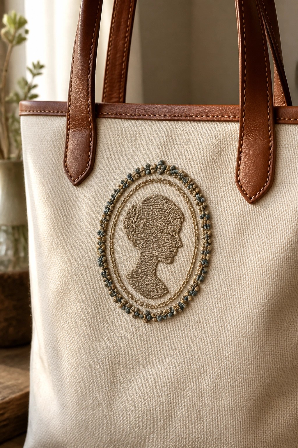 Canvas tote bag with brown leather handles and embroidered cameo silhouette in oval frame