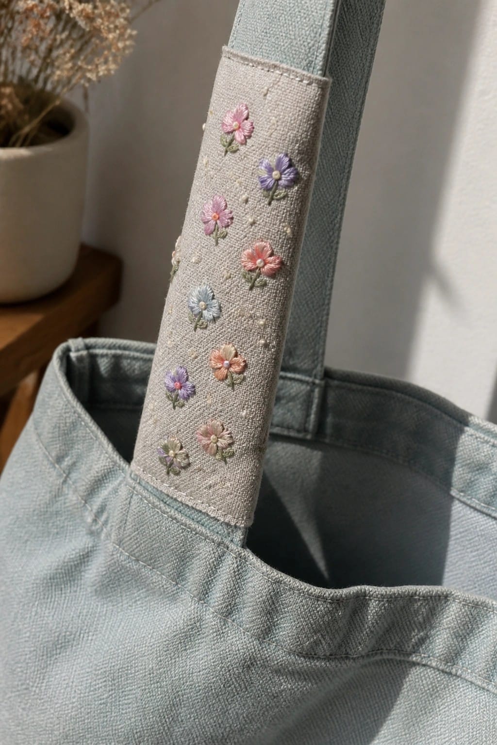 Denim tote bag with beige strap embroidered in colorful flowers and pearls