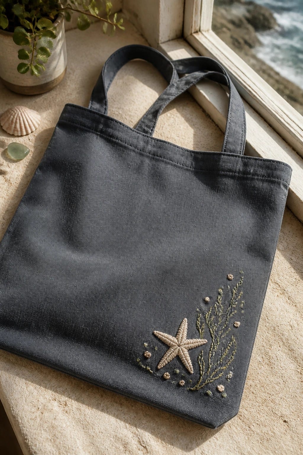 Dark gray tote bag with beige starfish, green seaweed, and small dots embroidered in the lower right corner.