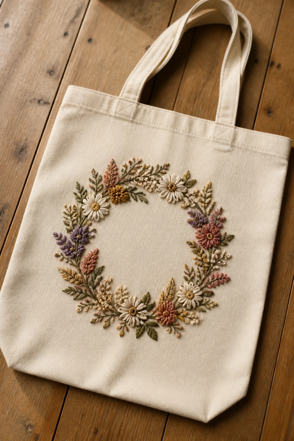Cream canvas tote bag with embroidered floral wreath on wooden surface
