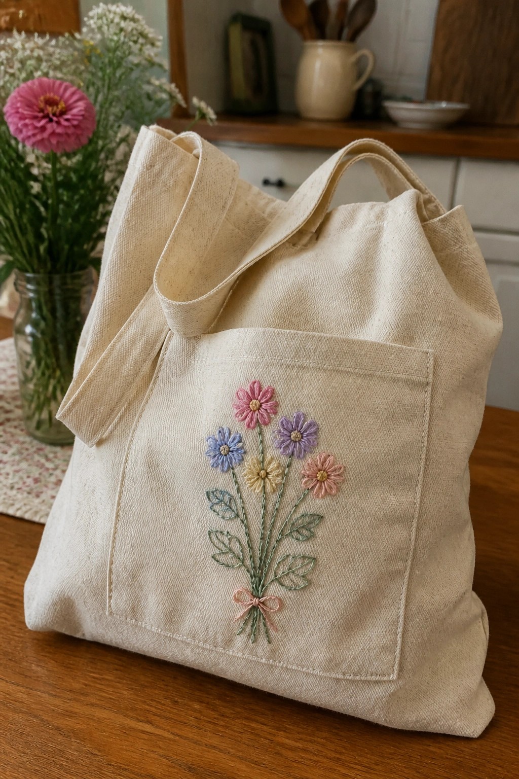 Cream canvas tote bag with colorful embroidered flower bouquet on wooden table