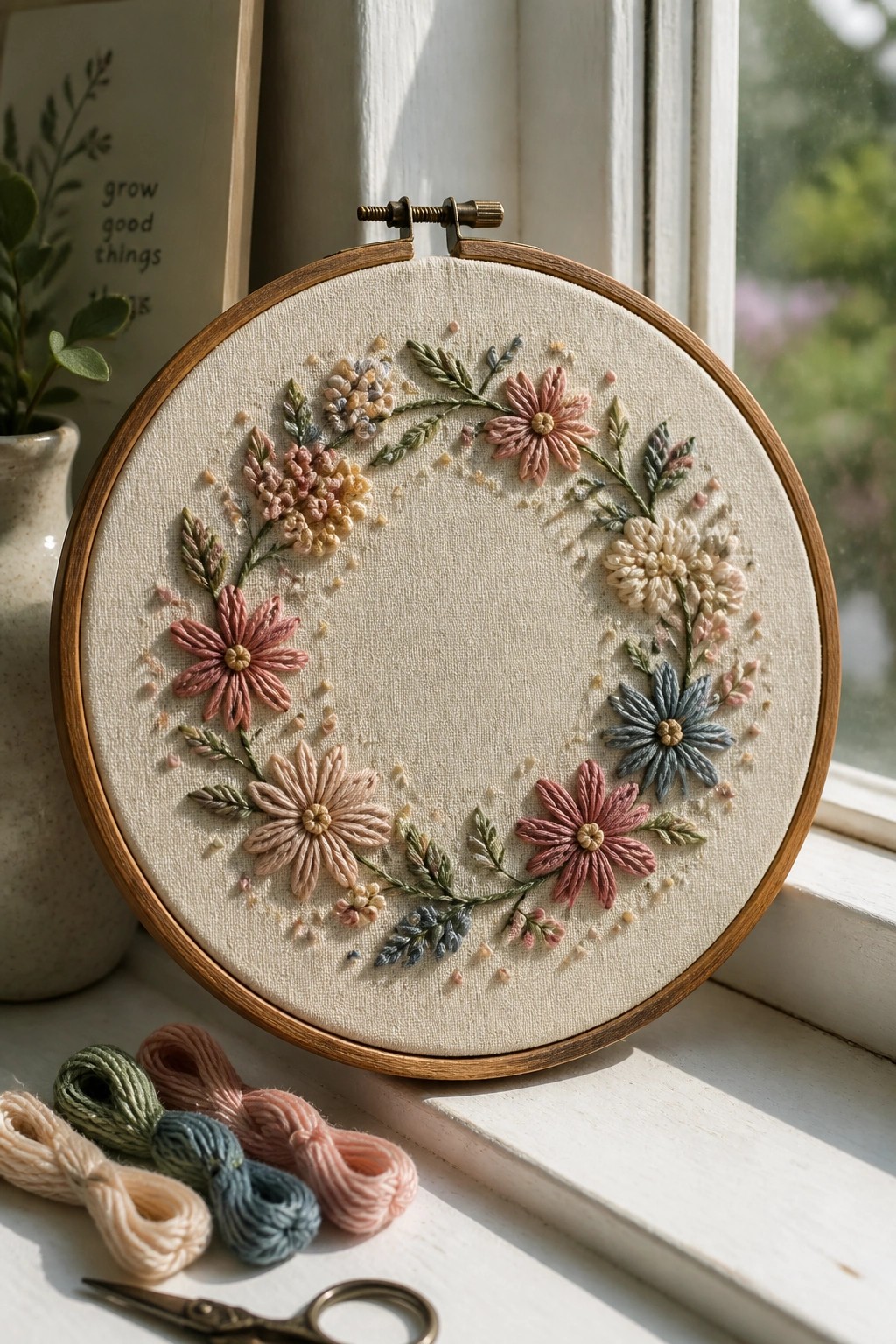 Embroidery hoop with pastel floral wreath, threads and scissors on sunny windowsill