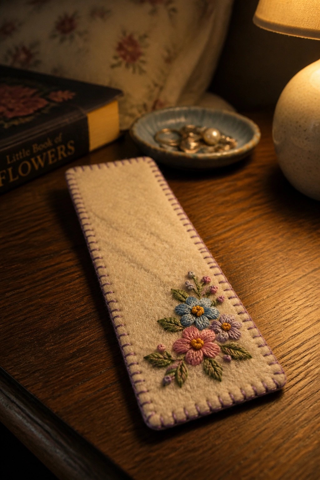 A beige felt bookmark with purple blanket stitch edging and a cluster of embroidered blue, pink, and purple flowers with green leaves in the lower right corner, resting on a wooden table.