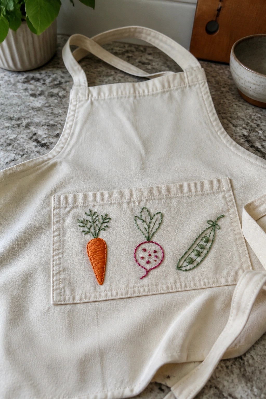 White apron with embroidered carrot, radish, and pea pod on pocket