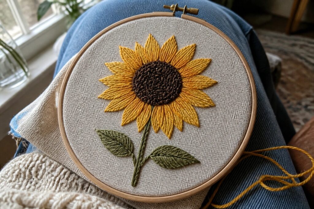 Hands in cream sweater holding wooden hoop with yellow sunflower embroidery on beige fabric.