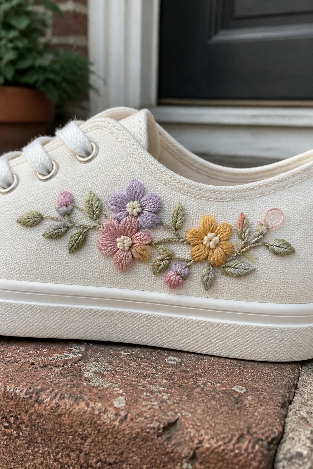 White canvas sneaker with a line of embroidered flowers and leaves along the side.