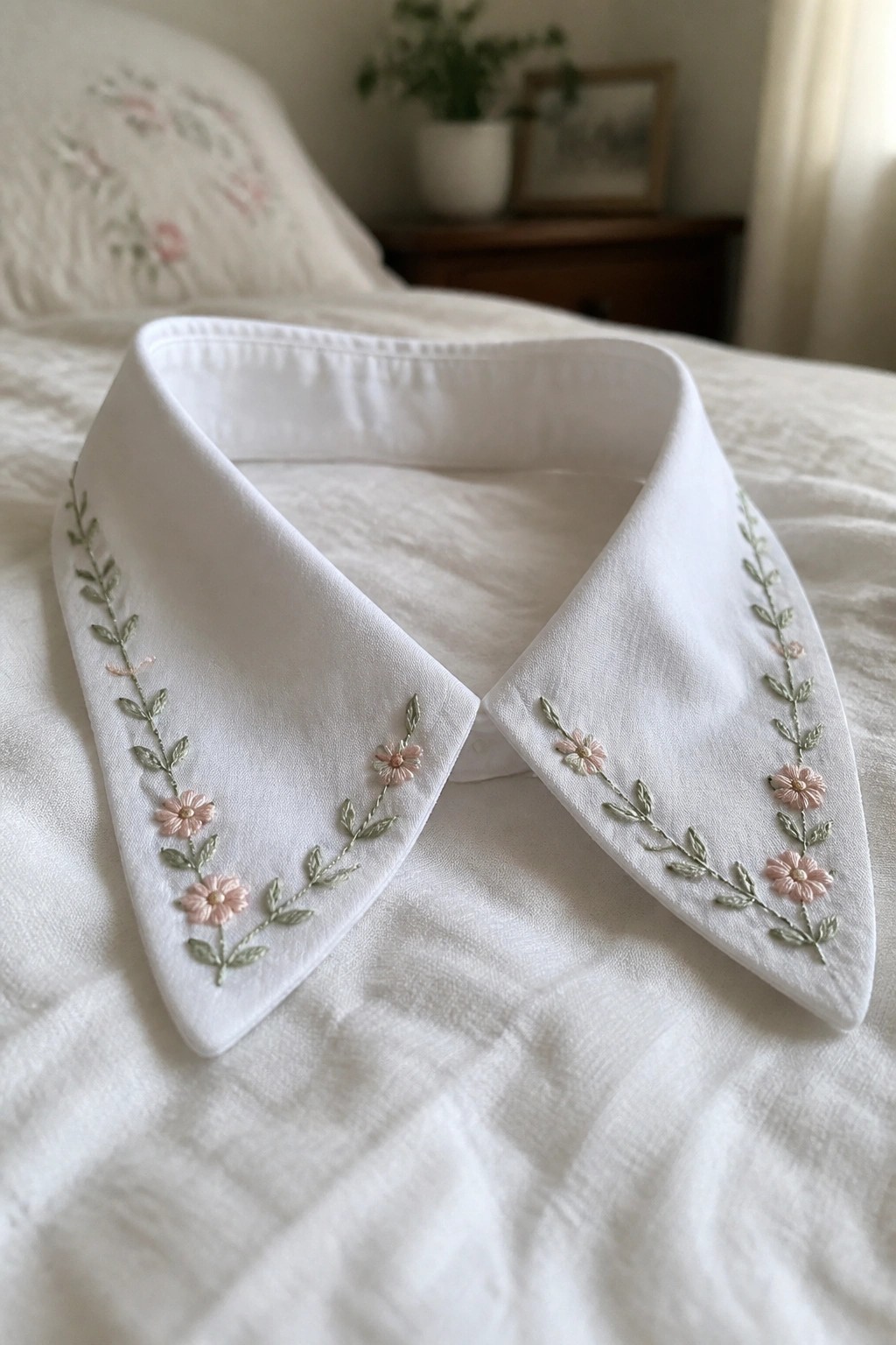 White shirt collar with pink flowers and green vines embroidered along both pointed edges.