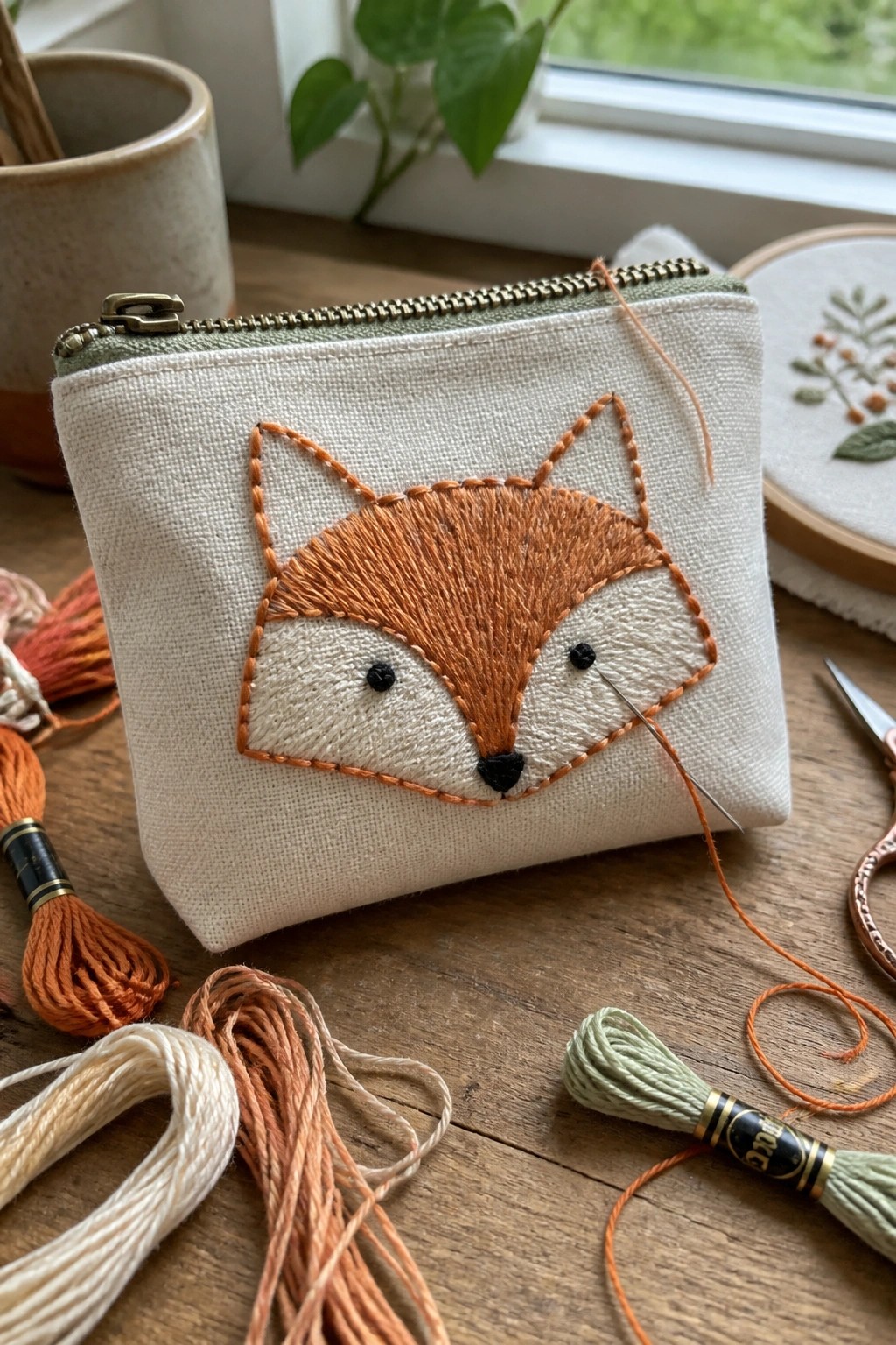 A small off-white zippered pouch with an orange embroidered fox face rests on a wooden surface next to embroidery floss and scissors.