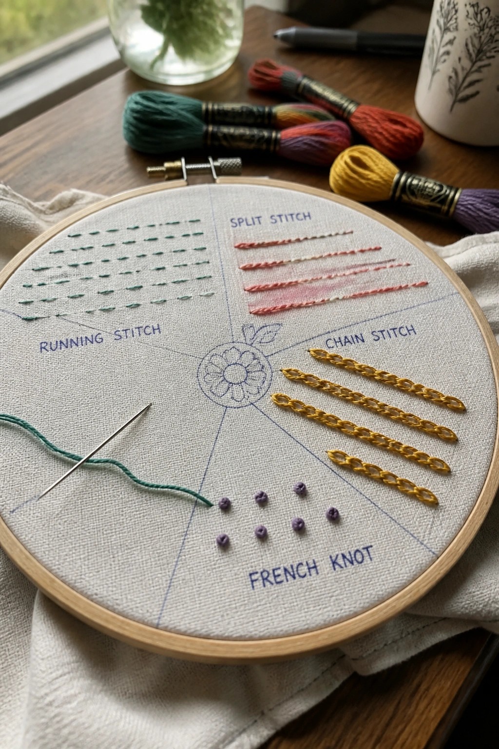 Embroidery hoop with labeled running, split, chain stitches and French knots plus needle.