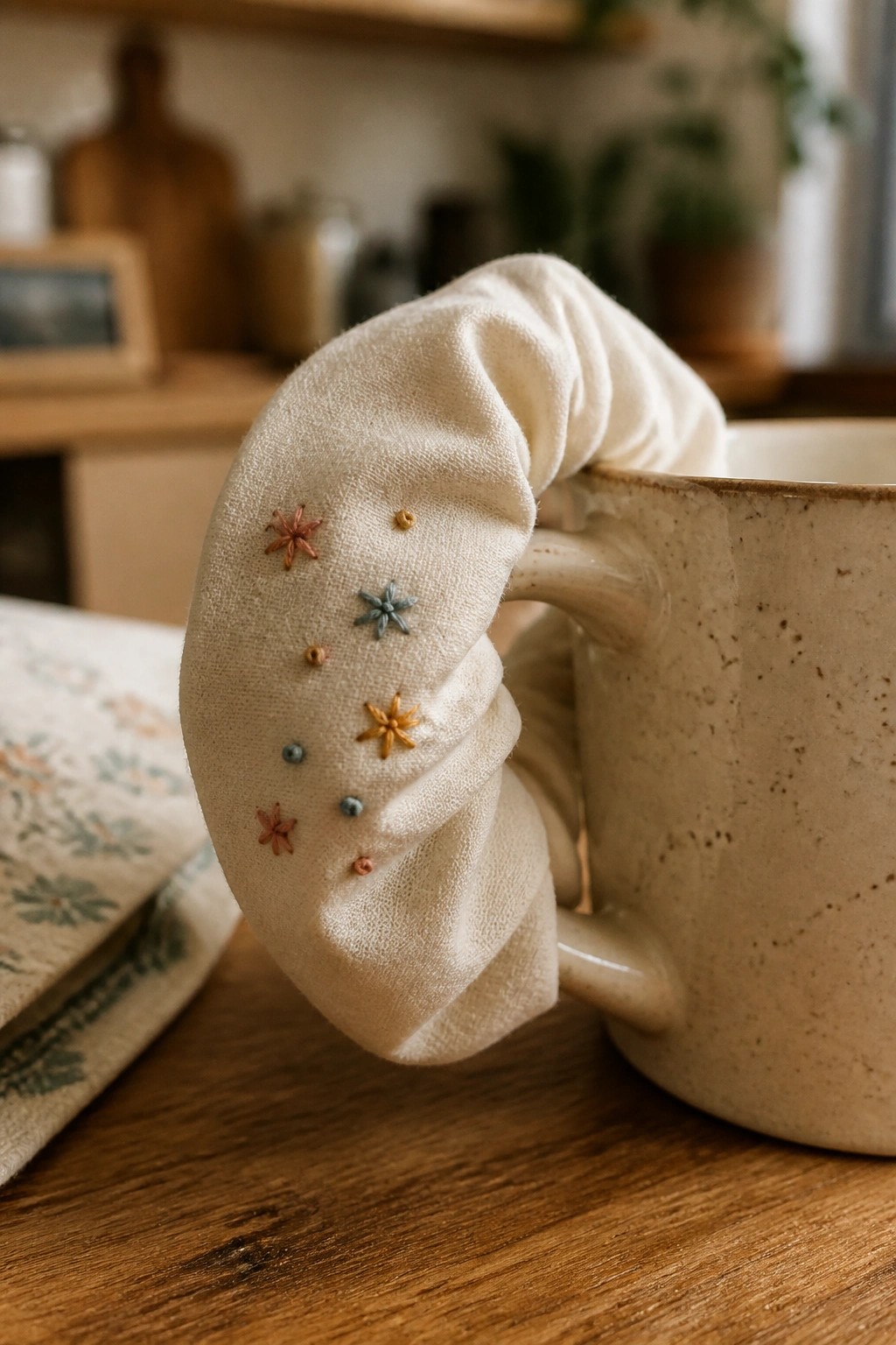 Embroidered white scrunchie with colorful stars on a beige ceramic mug.